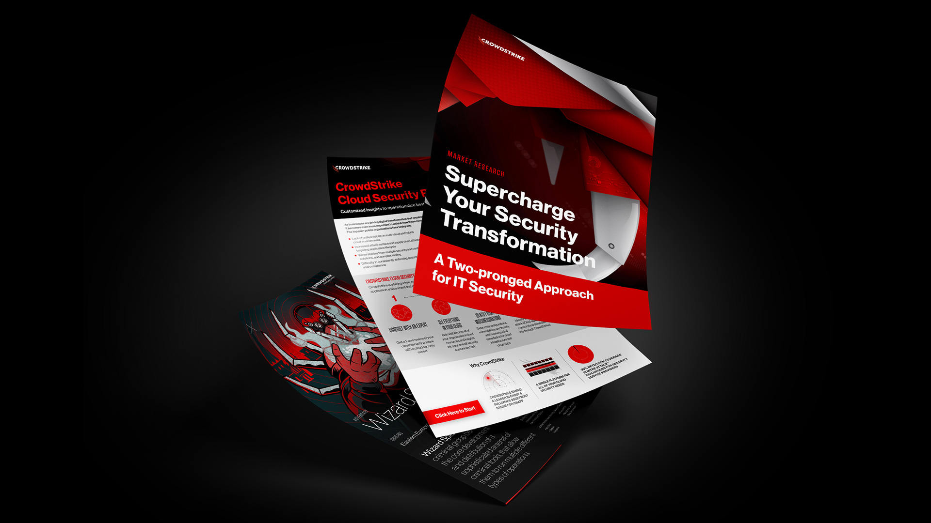 A dynamic, layered composition of floating printed documents, featuring the 'Supercharge Your Security Transformation' report cover and various internal layout spreads.