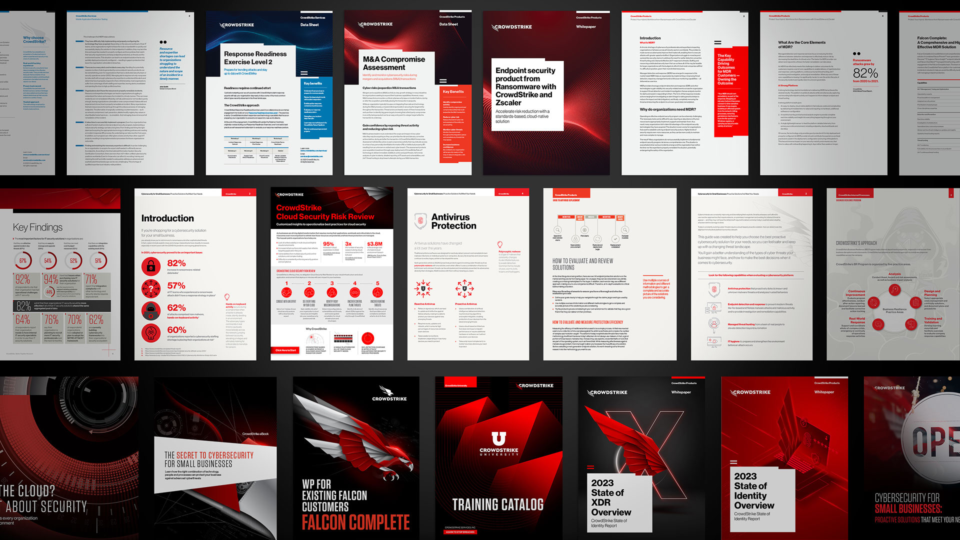 A dense, full-bleed grid displaying a wide array of CrowdStrike marketing materials, including white papers, data sheets, training catalogs, and report covers.