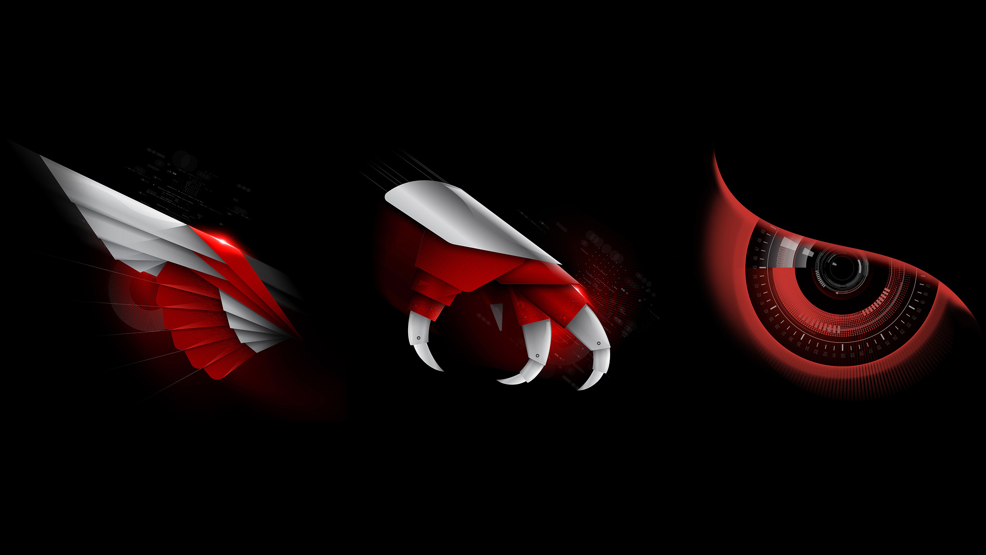 A triptych showing three individual mechanical falcon components on a black background: a red and white metallic wing, a sharp robotic claw, and a glowing red digital eye.