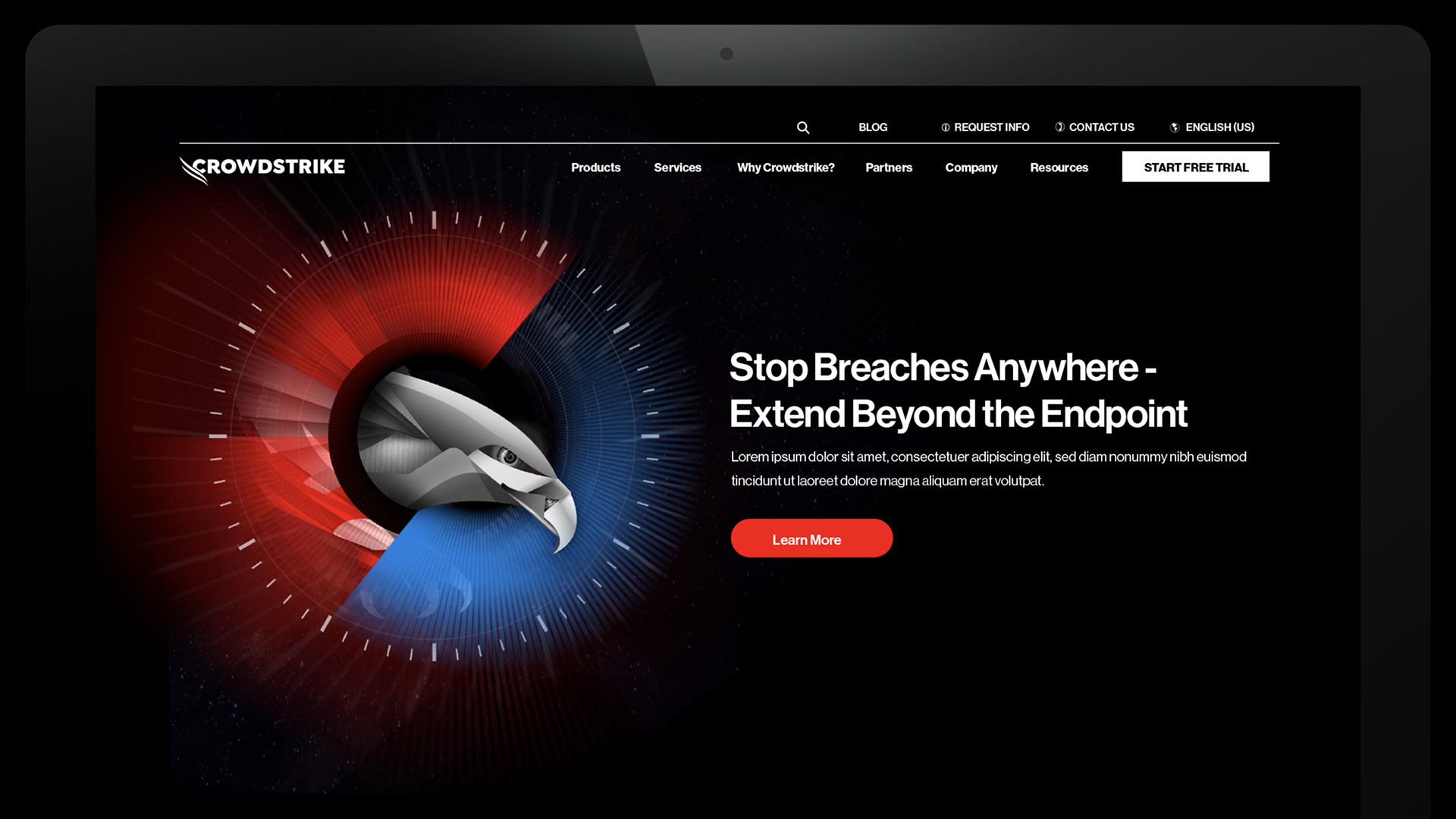 A laptop displaying the CrowdStrike website homepage, featuring the mechanical falcon head graphic emerging from a circular UI element alongside the headline 'Stop Breaches Anywhere'.