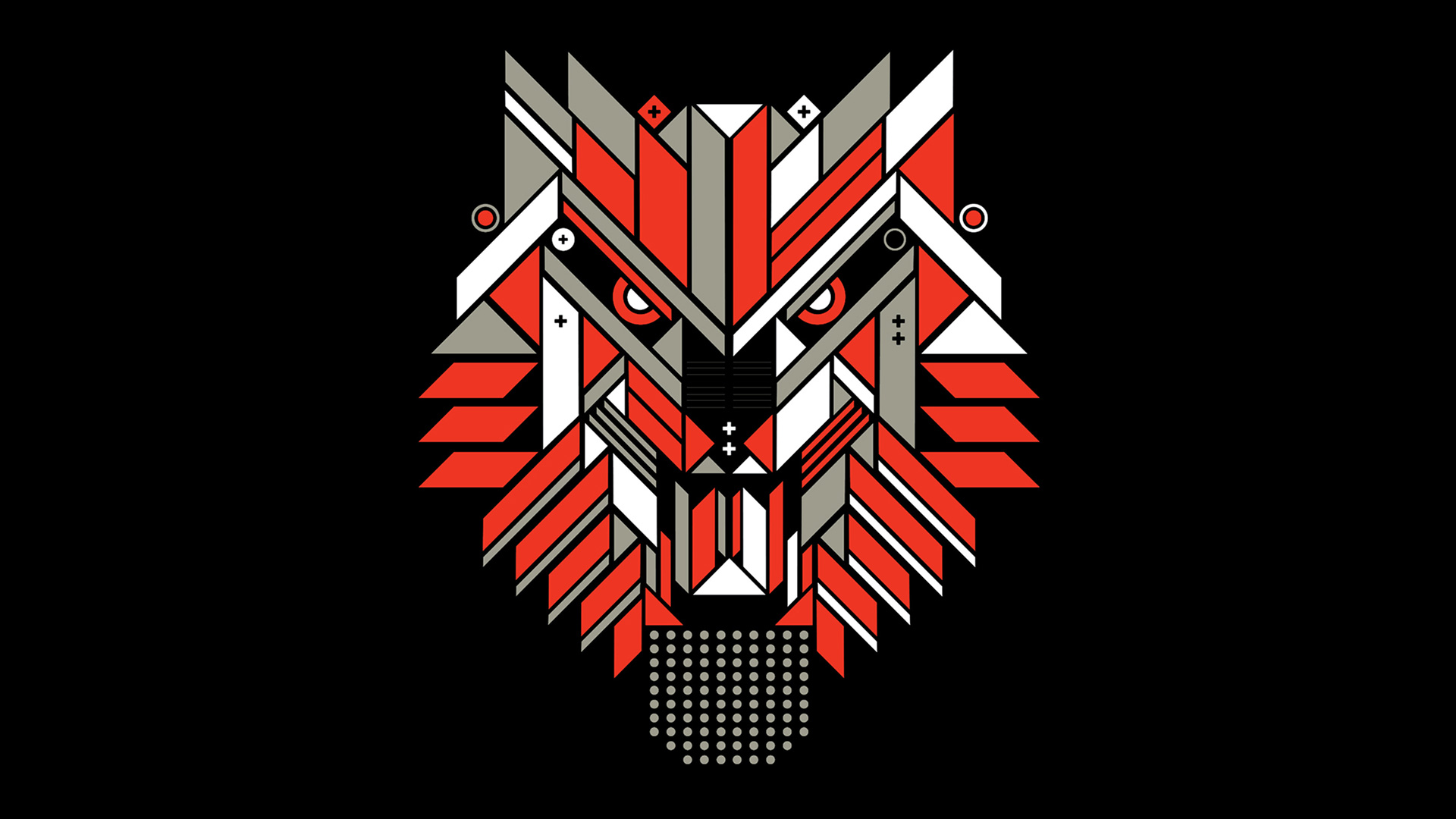A geometric, high-tech illustration of a wolf face created with interlocking red, white, and grey bars on a black background, used to represent a cyber adversary.