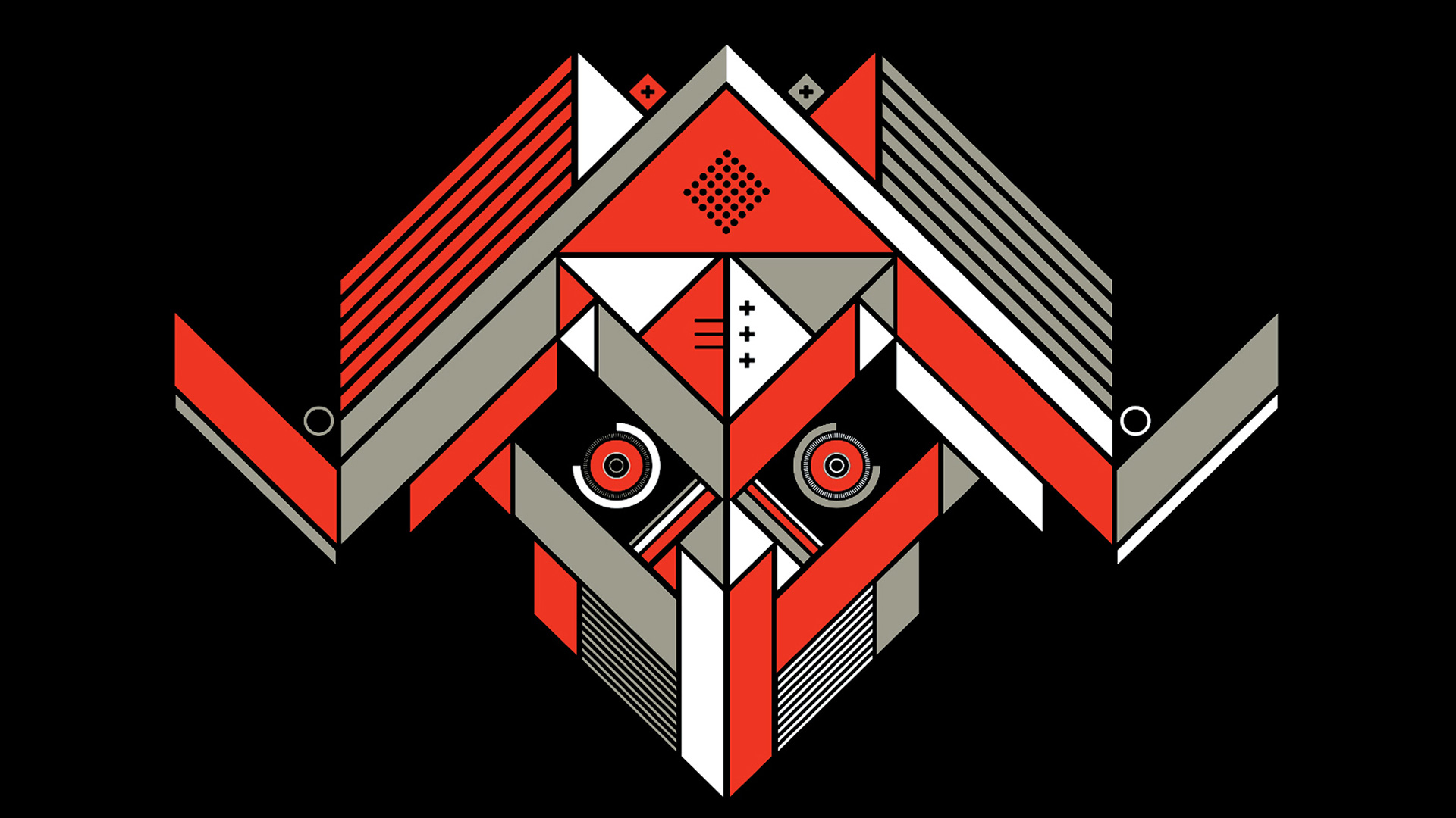 A stylized, geometric illustration of a spider-like cyber adversary avatar composed of red, white, and grey high-tech shapes on a black background.