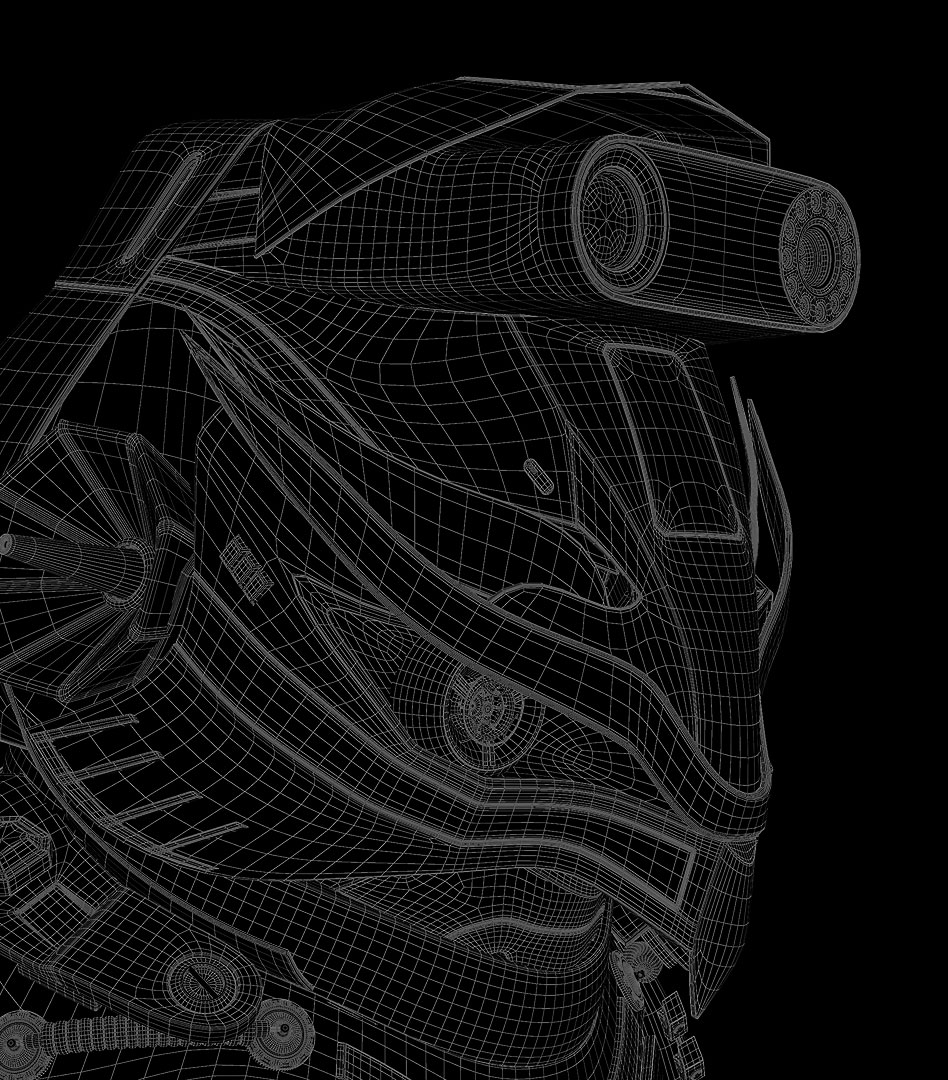 A digital wireframe mesh showing the detailed underlying 3D modeling structure of a Cybereason robotic owl defender head on a black background.