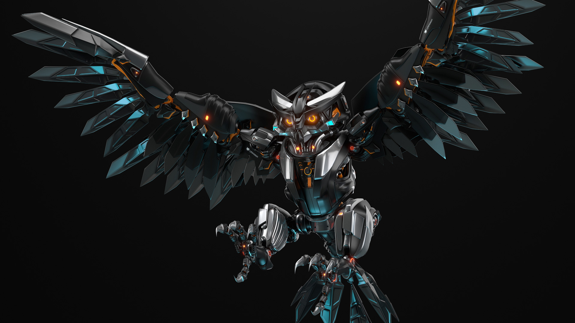A highly detailed 3D illustration of a metallic, robotic owl in mid-flight with wide-spread wings, sharp talons, and glowing orange accents against a dark background.