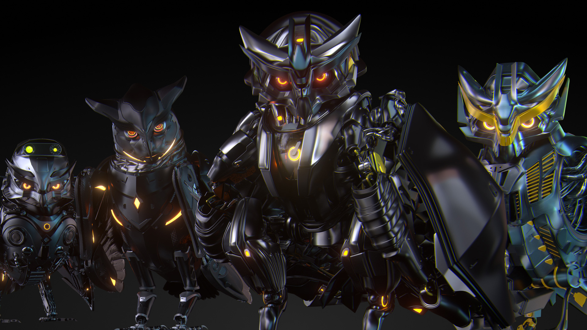 A group lineup of four distinct robotic owl characters known as The League of Defenders, each featuring unique black and grey armor designs with glowing eyes.