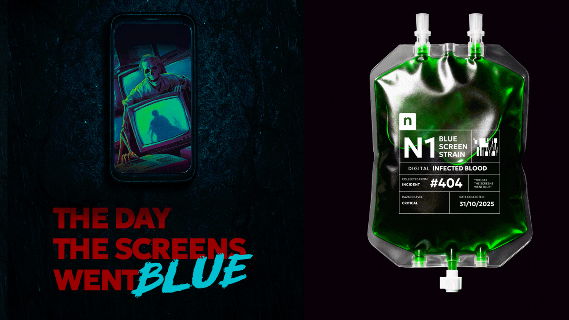 Side-by-side images showing a smartphone displaying a retro horror graphic titled 'The Day The Screens Went Blue,' and an IV blood bag filled with bright green liquid labeled 'Digital Infected Blood' for NinjaOne.