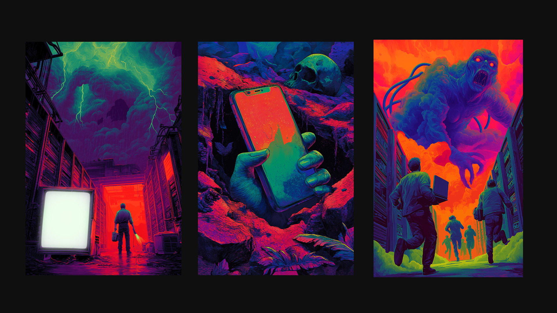 A triptych of three retro IT-themed horror movie posters showing a man with a flashlight in a server room, a giant hand holding a smartphone emerging from rocks, and a monster chasing technicians through a data center.