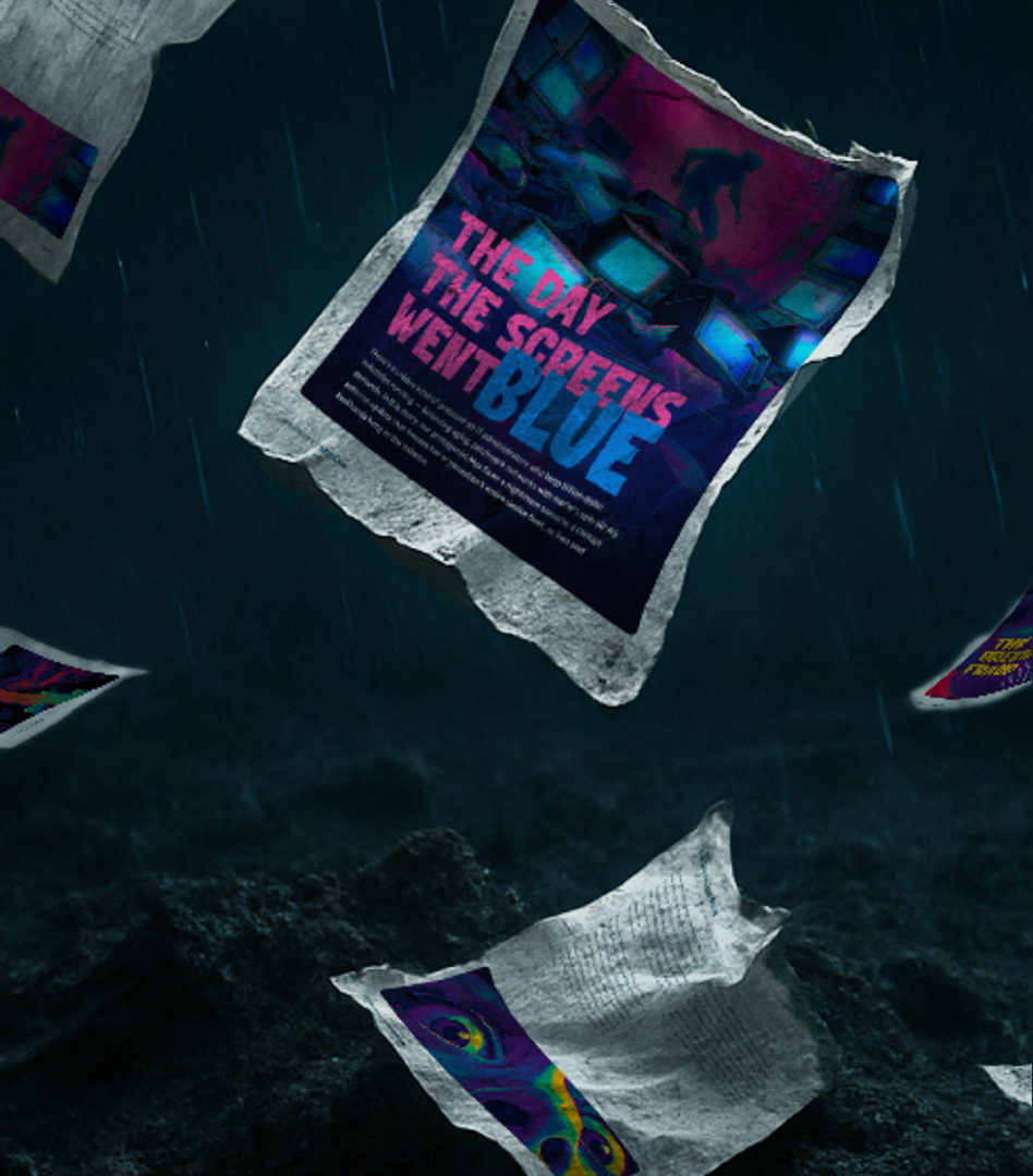 Crumpled printed pages of the NinjaOne IT Horror Stories e-book floating and falling through the air in a dark, rainy, and rocky landscape.