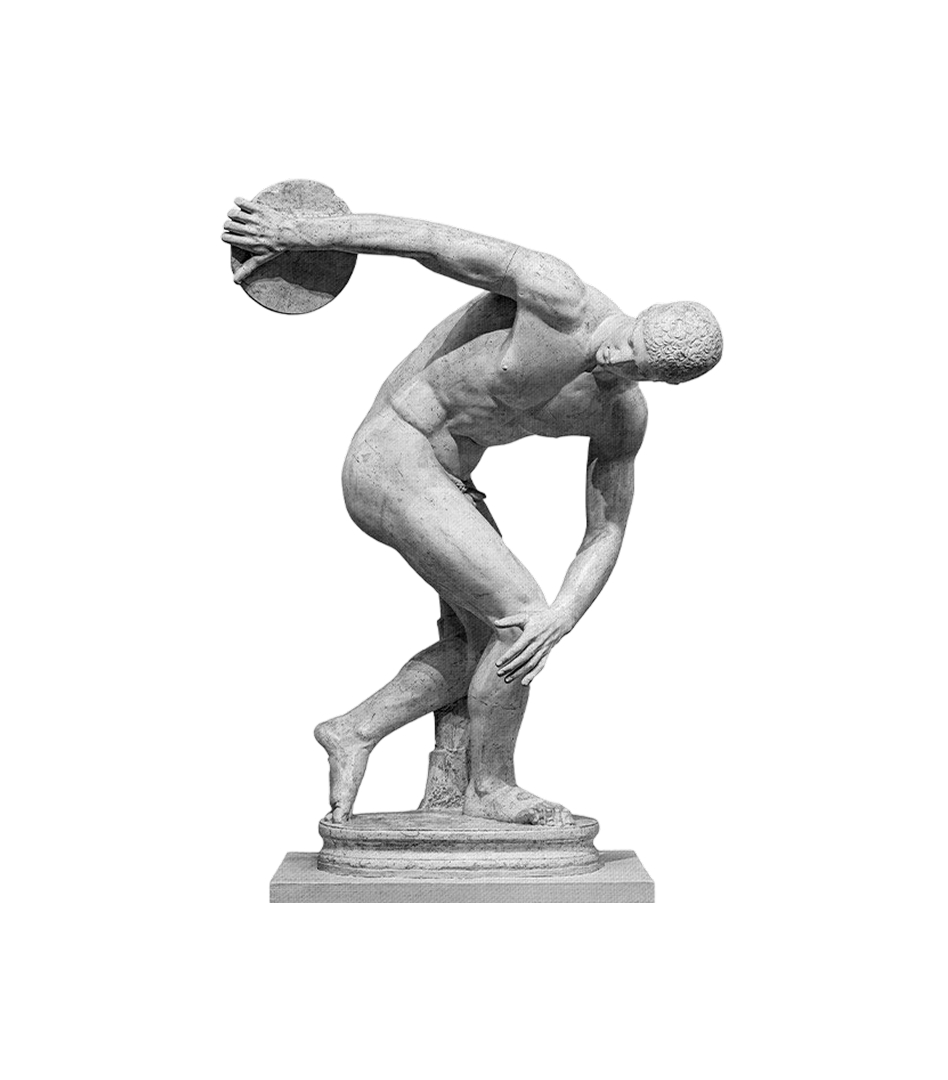 A classical marble statue of a discus thrower in mid-swing, isolated on a white background.