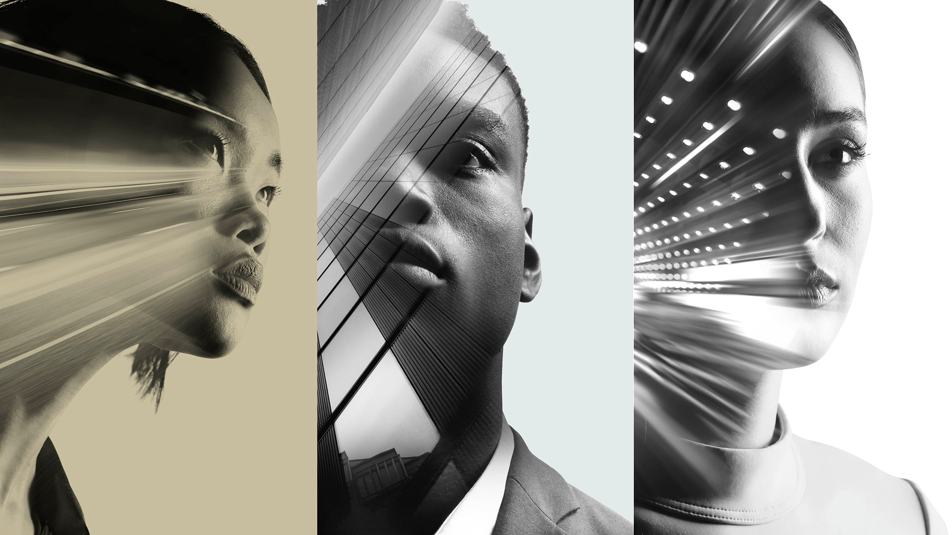 A triptych of three Sygnia brand portraits, each utilizing double exposure techniques to blend human faces with architectural lines and abstract digital light streaks.