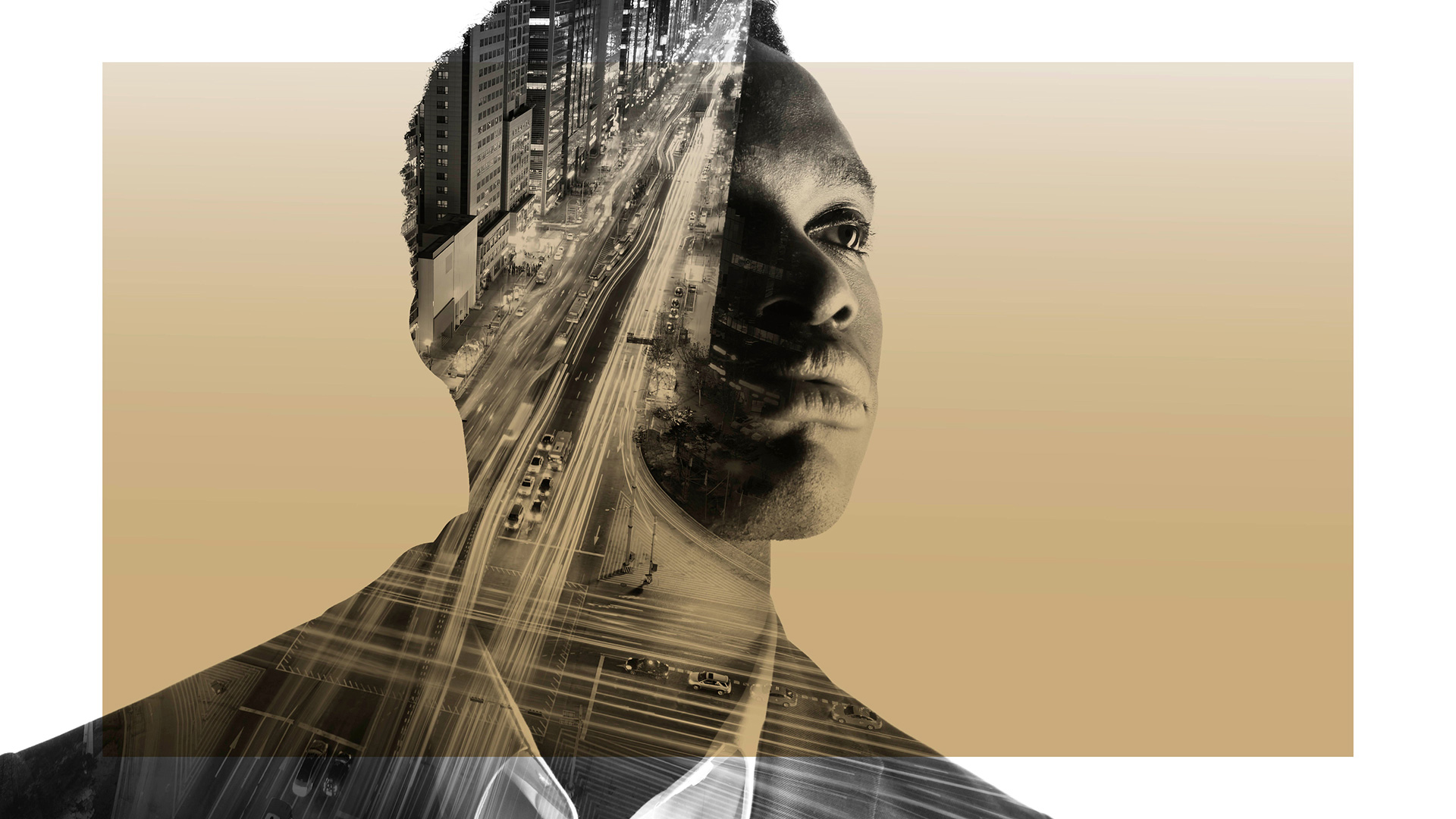 Double exposure portrait of a man in a suit, with a busy, illuminated city street and traffic trails blended into his profile.